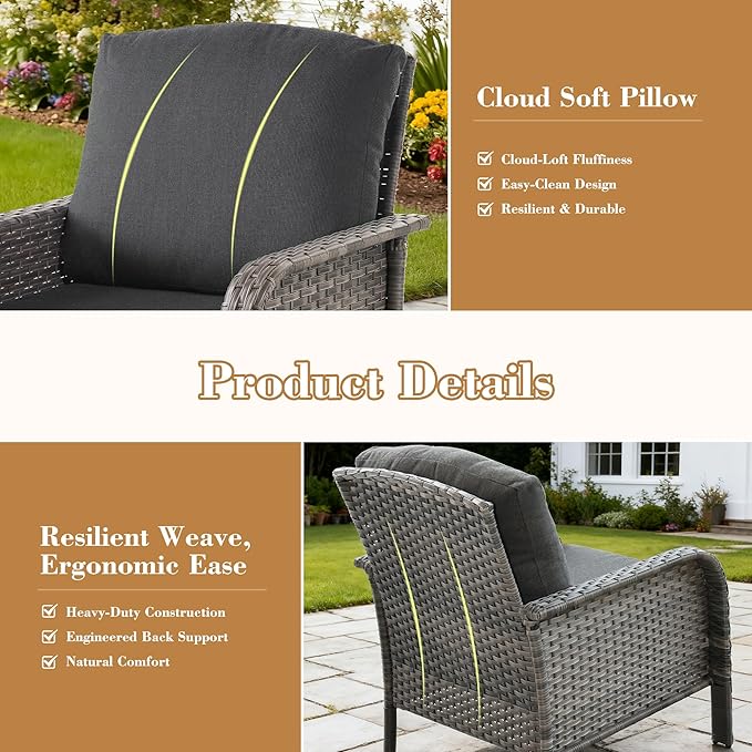 2 Pieces Patio Furniture Set, Two Single Chair Outdoor Furniture, All-Weather Rattan Wicker High Back Conversation Set of 2 for Small Space Porch, Backyard, Balcony, Black