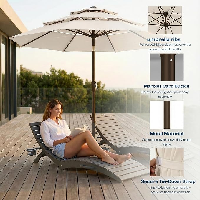 10ft Patio Umbrella, 3 Tier Outdoor Market Table Umbrellas with 8 Fiberglass Ribs and Push Button Tilt, Windproof, Vented Canopy, UV Protection for Deck, Pool, Backyard