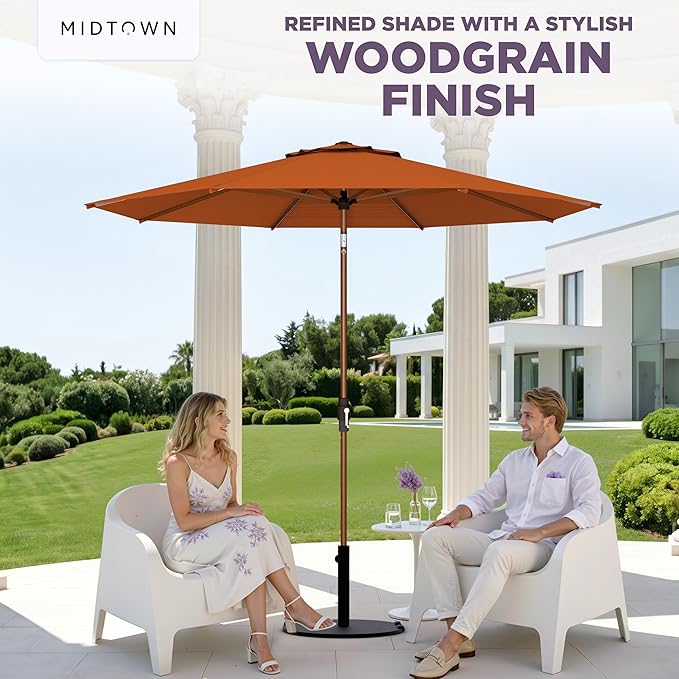 Midtown Umbrellas Wooden 2-8 Ft Patio Umbrella with 360° Swivel & Tilt Mechanism, 8 Fiberglass Ribs & Sunbrella Fabric - Outdoor Umbrella for Deck, Pool & Garden - Burgundy Canopy, Wooden Pole