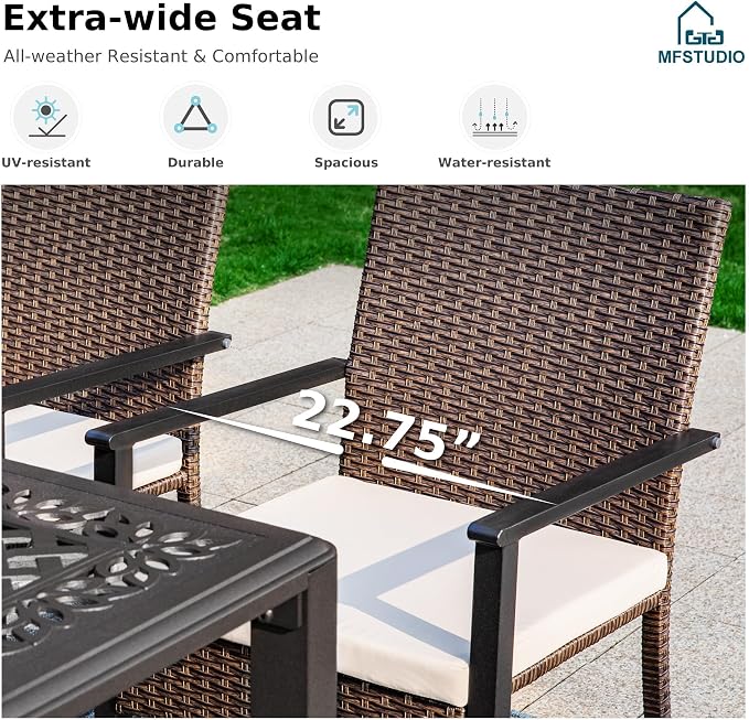 MFSTUDIO Outdoor Dining Sets for 6, Patio Metal Table and Chairs Set, 7 Pieces All Weather Patio Wicker Dining Furniture, Outdoor Rectangular Wood-Like Table for 6, Backyard