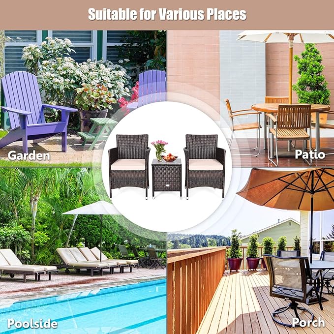 DORTALA 3 Piece PE Rattan Patio Furniture Set, Outdoor Chairs & Table Set with Tempered Glass Top & Cushions, Wicker Conversation Set for Garden Backyard, Beige