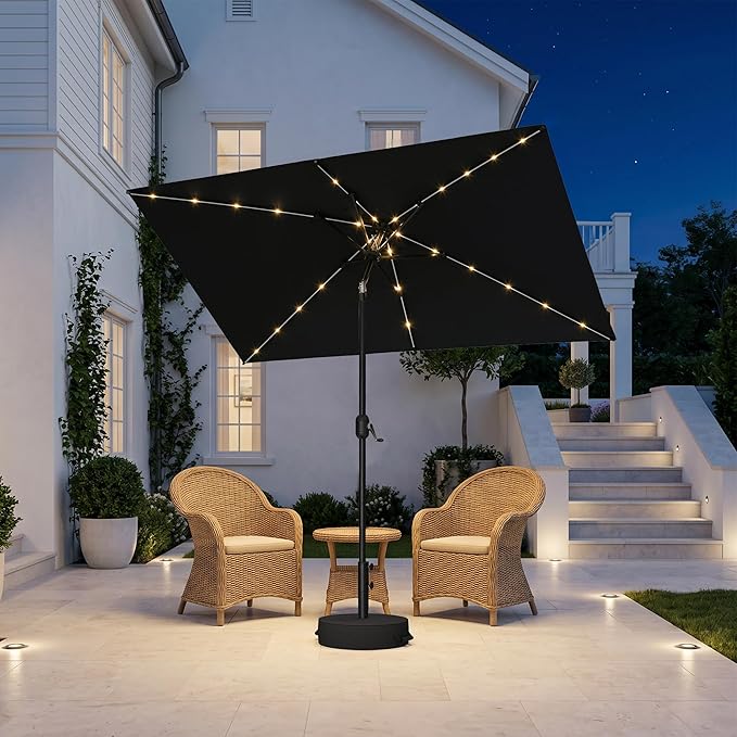 PURPLE LEAF 5' x 8' Rectangular Patio Umbrella with Solar LED Outdoor Table Umbrella Aluminum Frame Market Umbrella Sun Umbrella for Garden Deck Lawn Pool Navy Blue