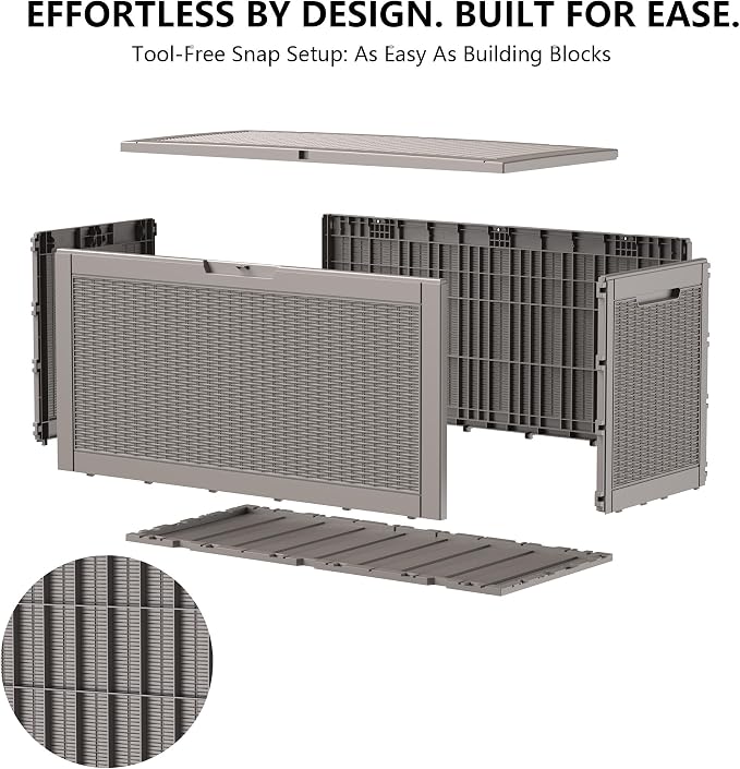 Outdoor Storage Box, 110 Gallon Waterproof Deck Box [Upgraded 3.0], Auto-Open Gas Struts Resin Organizer for Lounger Pillows, Secure Lockable Backyard Storage Bench, Poolside Deck, Grey