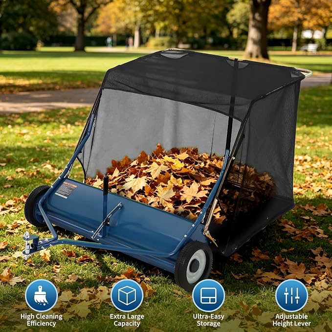 44" Tow Behind Lawn Sweeper, 29 cu. ft Extra-Large Capacity Leaf & Grass Collector-Adjustable Sweeping Height, Dumping Rope Design for Efficient Debris & Grass Cleanup on Yards, Driveways & Sidewalks