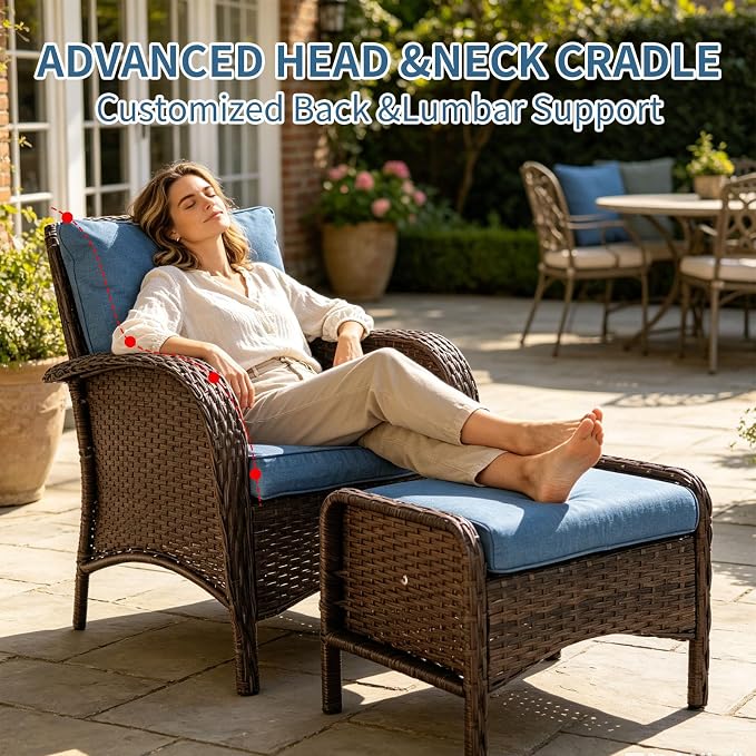 SHGJ&SOFT All Weather Patio Furniture Set, High Back Swivel Rocker Glider Chairs，Ottomans & Glass Tables, Outdoor Conversation Set for Deck Porch Yard Poolside (Blue, 5PCS-Sofa&Swivel Chairs&Tables)