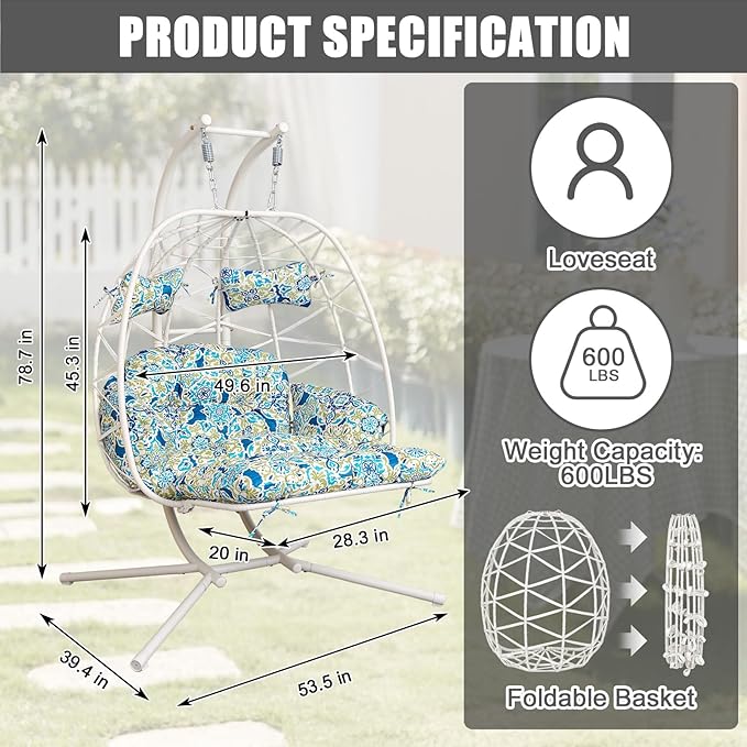 Double Egg Hammock Chair with Stand, Swing Egg Chair, Wicker Hanging Chair with Washable Cushion - Sturdy Metal Stand, 600lbs Capacity for Indoor Outdoor Patio Living Room Etc (White+Morocco Dream)