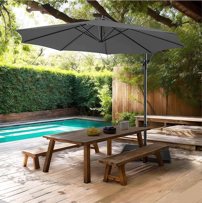 FLAME&SHADE 10ft Cantilever Patio Umbrella Outdoor, Large Offset Umbrella with Crank and Cross Base, UPF 50+ UV Protection Hanging Umbrella for Pool Deck Garden (Anthracite)