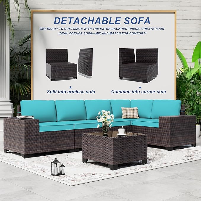 Outdoor Patio Furniture Set with Gas Fire Pit Table, 7 Pieces Patio Furniture Set Outdoor Sectional Sofa w/43in Propane Fire Pit, PE Wicker Rattan Patio Conversation Sets（Blue）.