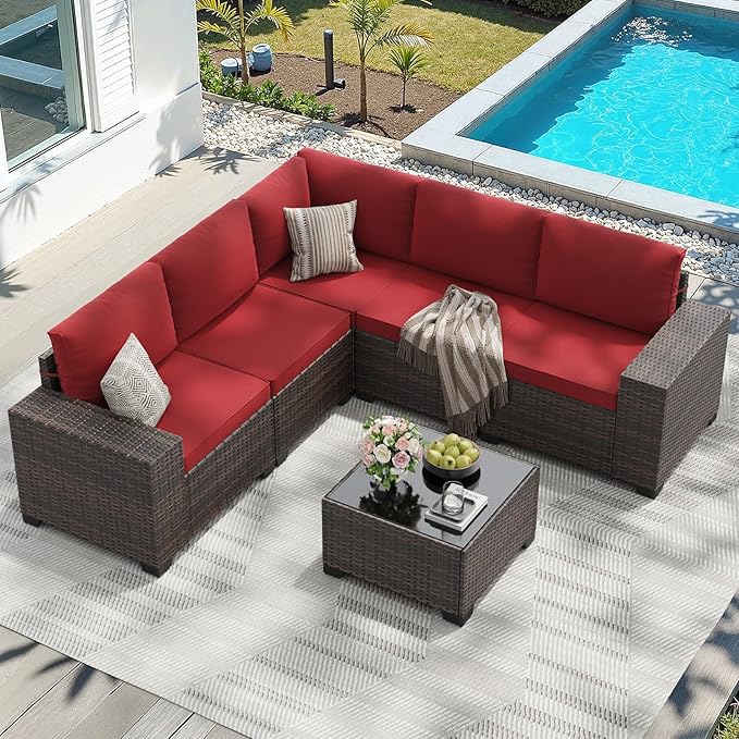 Soohow 6-Piece Patio Furniture Set All-Weather Outdoor Wicker Sectional Conversation Set with Cushion and Glass Table for Garden, Porch, Backyard, Wine Cushions