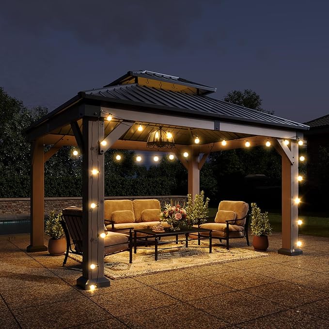 Aoxun 10' x 12' Outdoor Wood Gazebo, Hardtop Gazebo Permanent Wooden Pavilion with Galvanized Steel Double Roof, and LED Outdoor Waterproof Hanging Lights, for Patio, Garden, Deck, Cedar Wood, Grey