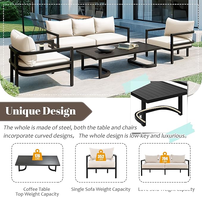 4-Piece Outdoor Steel Sofa Set, All Weather Patio Conversation Set with 1 Love Sofa, 2 Single Sofas, Coffee Table, Waterproof Cushions, Suitable for Backyard, Poolside Gardens (Beige-Z)