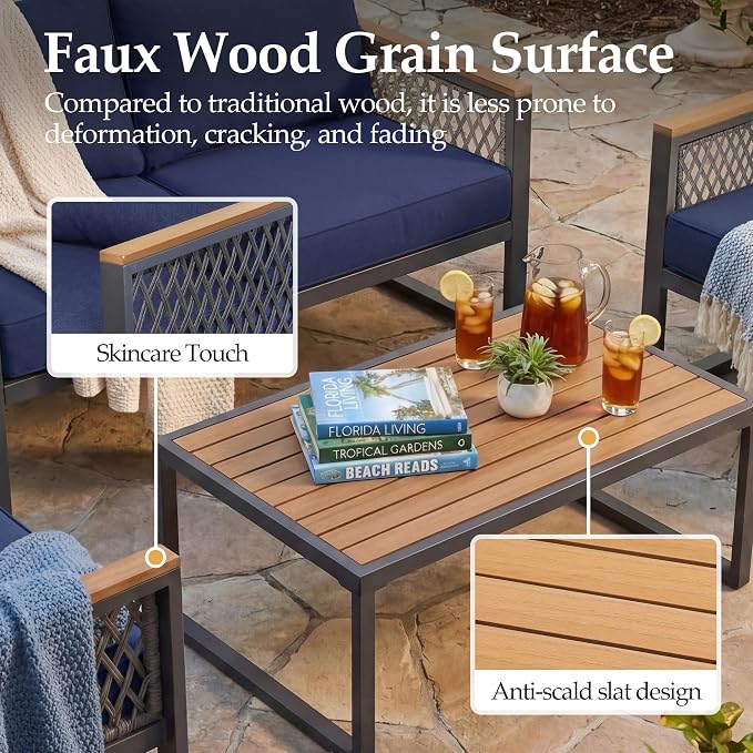 UPHA 6 Pieces Patio Furniture Set with 56" Propane Gas Fire Pit Table, Metal Outdoor Sectional Couch Set with 3-Seat Sofa, Modern Patio Conversation Set for Porch Balcony Deck, 5 Seats, Navy Blue