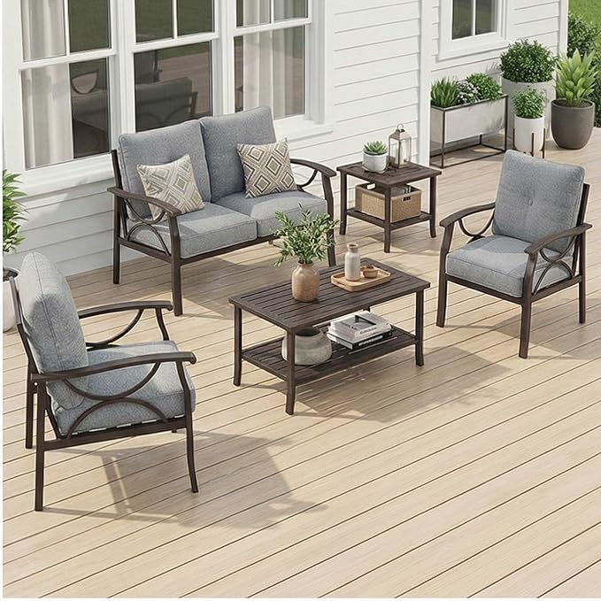 RoyalCraft 4-Pieces Outdoor Patio Furniture Set, Outdoor Metal Sectional Furniture with Cushions, Outdoor Conversation Seating Set with Coffee Table for Balcony, Backyard, Garden, Deck, Grey