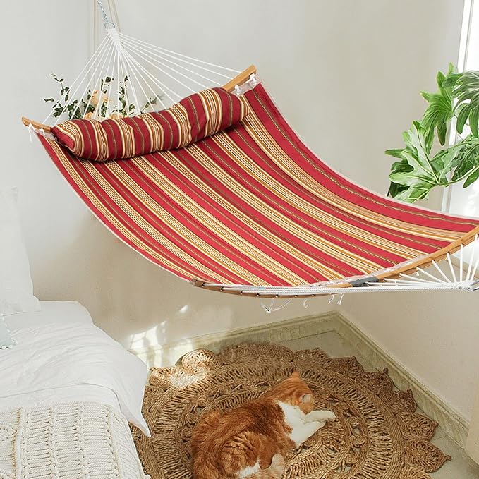 Happygrill Outdoor Hammock with Detachable Pillow, Curved Bamboo Spreader Bars and Hand-Woven Ropes, 2 Person Hammock