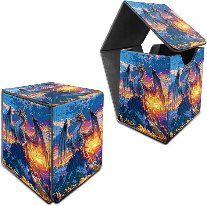 Mountain Sunset Dragon Card Deck Box for MTG, Personalized Card Storage Case Fits 120+ Sleeved Cards, Premium Leather TCG Box with Strong Magnetic Closure for Magic, PTCG, Baseball Cards