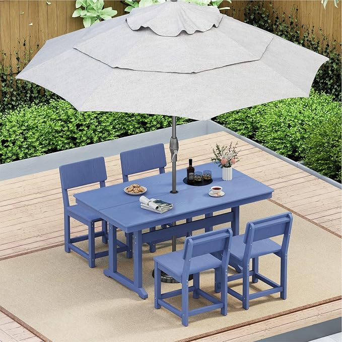 5-Piece HDPE Outdoor Patio Dining Set,Modern Plastic Dining Sets，Patio Table and Chairs Set with Umbrella Hole Cut-Out Table and 4 Chairs Navy