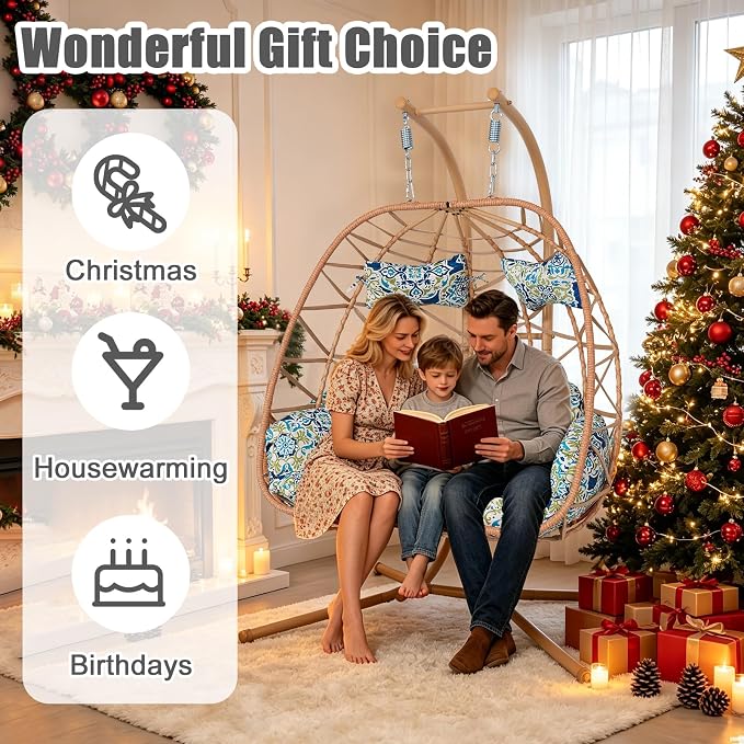 Double Egg-Shaped Hammock Chair, Swing Egg Chair, Wicker Hanging Chair with Removable Washable Cushion