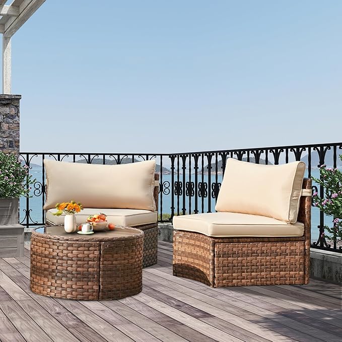 ECOTOUGE Patio Furniture Set, 3 Piece Half-Moon Sectional Round Patio Furniture Set, Wicker Sofa with Tempered Glass Round Coffee Table for Pool Backyard Patio Garden(Beige/Brown)