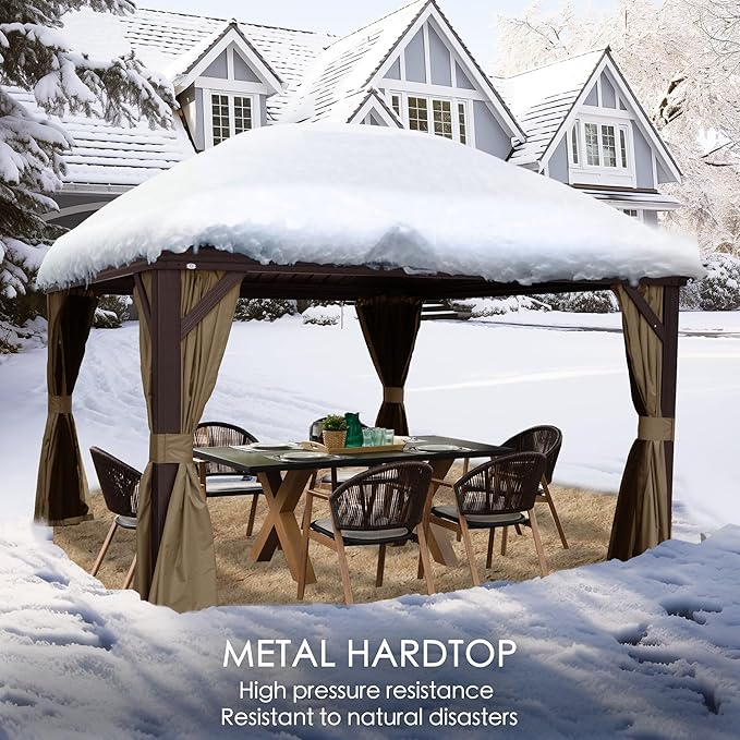 Kozyard Alexander 12' x 12' Hardtop Gazebo, Aluminum Frame with Galvanized Steel Double Roof, Outdoor Permanent Pavilion with Curtains and Netting for Patio, Backyard, Deck, Lawn(Brown)