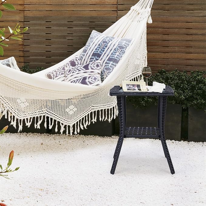 Wicker Rattan Side Table Patio Wicker Table, Outdoor Square Rattan Coffee Table End Table with Tempered Glass Top and Storage for Patio Porch Lawn (Black)
