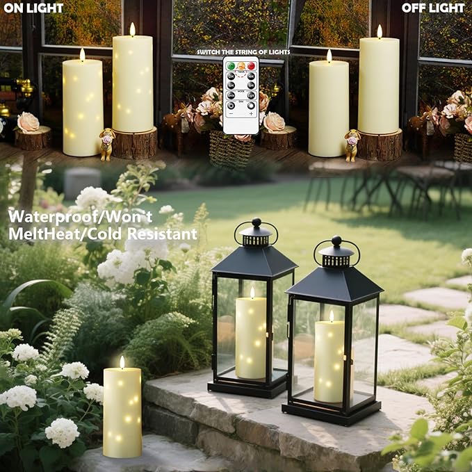kakoya 10" x 4" Large Outdoor Waterproof Flickering Flameless Candles with Timer,2Pcs Battery Operated LED Pillar Candles with Embedded Star String for Outdoor Lanterns,Porch,Patio Decor(Ivory)