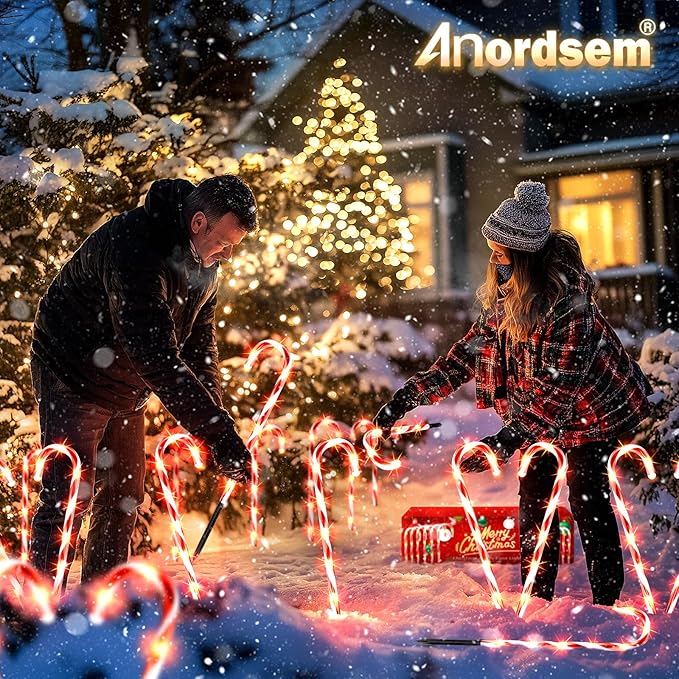 Anordsem Solar Christmas Decorations Outdoor: 12 Pack Candy Cane Pathway Stake Lights - 21" Waterproof LED 8 Lighting Models Yard Garden DIY Decor - 2026 Xmas Gifts for Homeowners