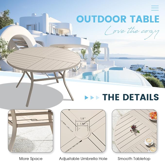 7 Pieces Patio Furniture Dining Set, 6 Textilene Swivel Dining Chairs, 53" Outdoor Round Metal Table with 1.57" Umbrella Hole, Outdoor Dining Set for Porch, Lawn, Garden, Sand/Sand