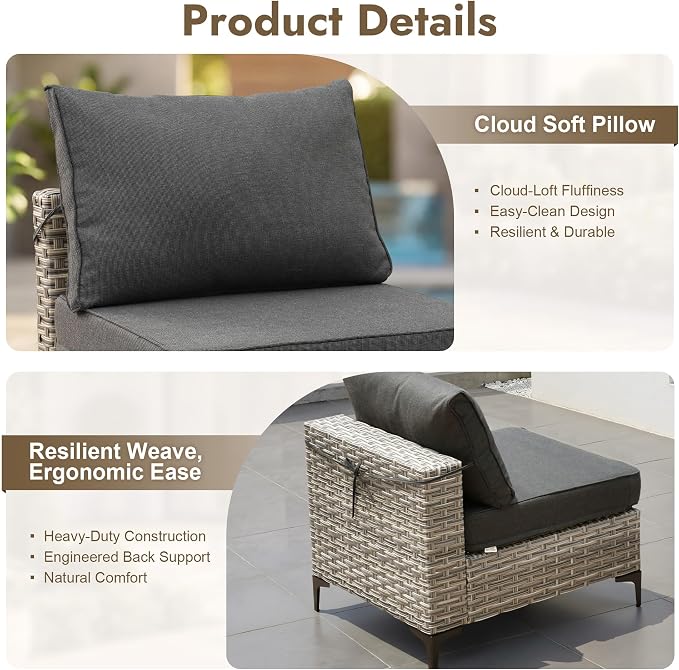 6 Pieces Patio Furniture Set with 42" Fire Pit, All-Weather Rattan Outdoor Sectional Conversation Sets L Shaped Sofas with Solar Light Coffee Table for Porch Balcony Backyard Black
