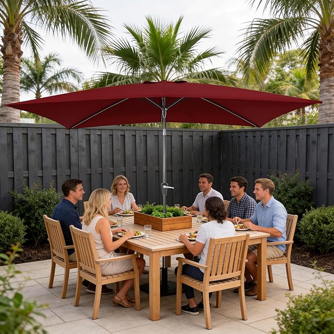 HASLE OUTFITTERS 6.5 x 10 ft Rectangular Patio Umbrella, Outdoor Table Umbrella with Crank & Push Button Tilt, Heavy Duty Ribs, for Patio, Backyard, Garden & Deck, Wine Red