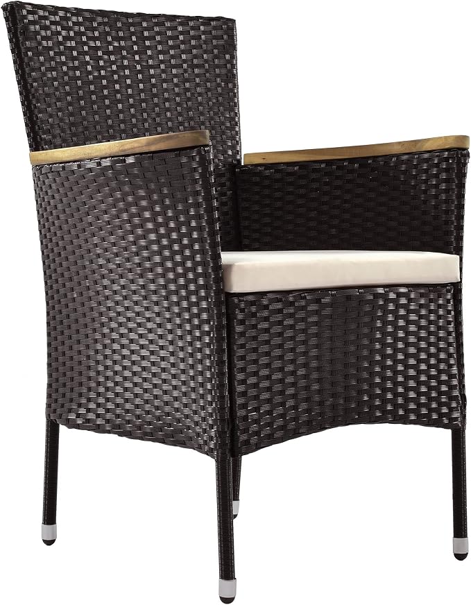 7-Piece Outdoor Patio Dining Set, Garden PE Rattan Wicker Dining Table and Chairs Set, Acacia Wood Tabletop, Stackable Armrest Chairs with Cushions (Brown ~009)