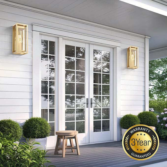 15" Large Gold Outdoor Light Fixture Wall Mount, Waterproof Outdoor Sconces, Modern Wall Lights with Clear Glass Shade for Front Door, Porch, Garage, 1 Pack