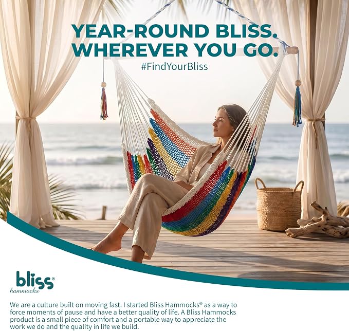 Bliss Hammocks BHC-412 Island Rope Hammock Chair, Eco Friendly & Hand-Woven Recycled Cotton, Varnish Coated 40 Inch Wood Spreader Bar, Easy to Hang w/Included Hanging Kit, Supports up to 265 pounds
