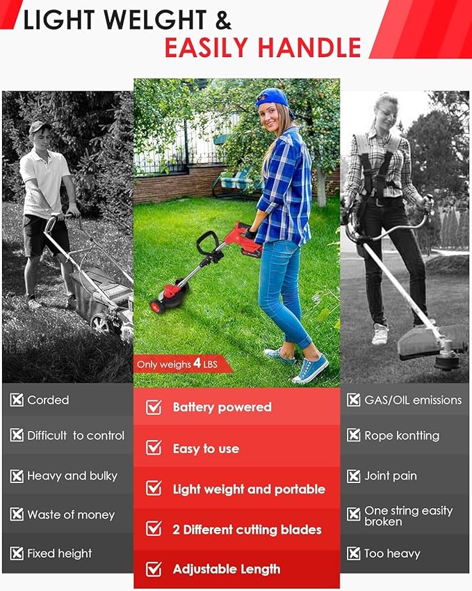 Cordless Weed Wacker, Weed Eater String Trimmer with Wheels, Electric Weed Eater with 2 x 24V Batteries and Charger, Stringless Grass Trimmer/Edger Lawn Tool for Garden Yard Lawns