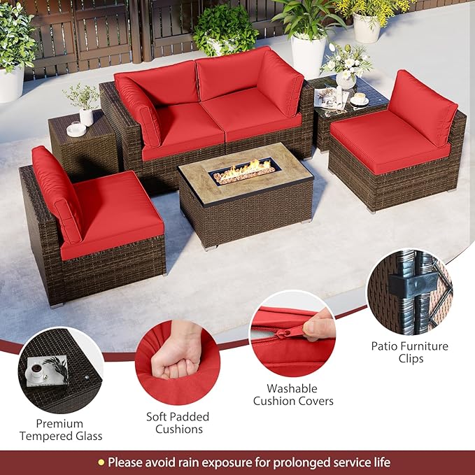 Tangkula 7 Pieces Outdoor Sectional Sofa Set Set with 32” Fire Pit Table and Propane Tank Cover, for Deck, Garden and Backyard, Fire Pit Protective Cover Included (Red)