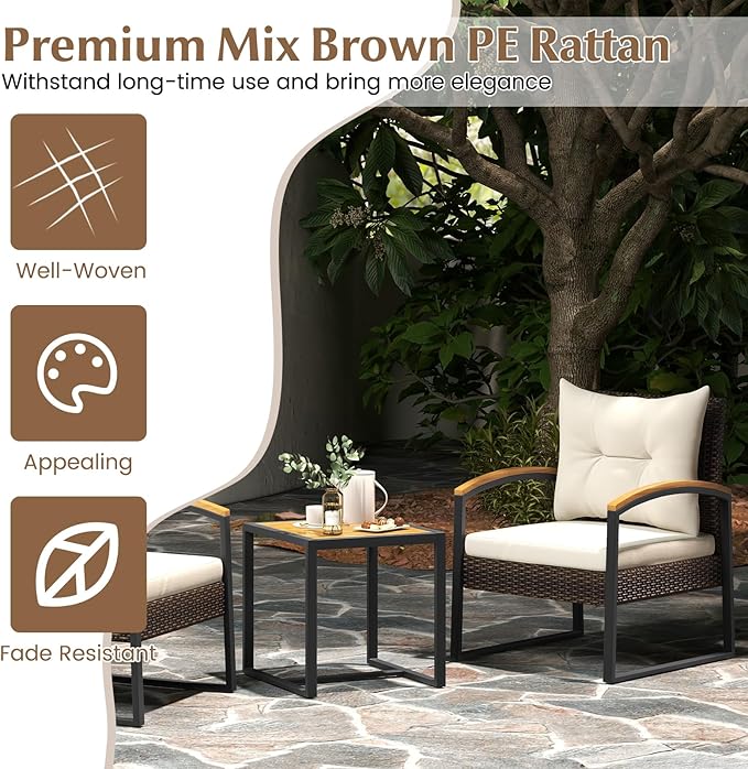 Tangkula 3 Piece Patio Conversation Set, Includes 2 Rattan Chairs and Coffee Table, Solid Acacia Wood Armrests & Tabletop, Outdoor Cushioned Wicker Furniture Set for Backyard, Poolside, Lawn, Garden