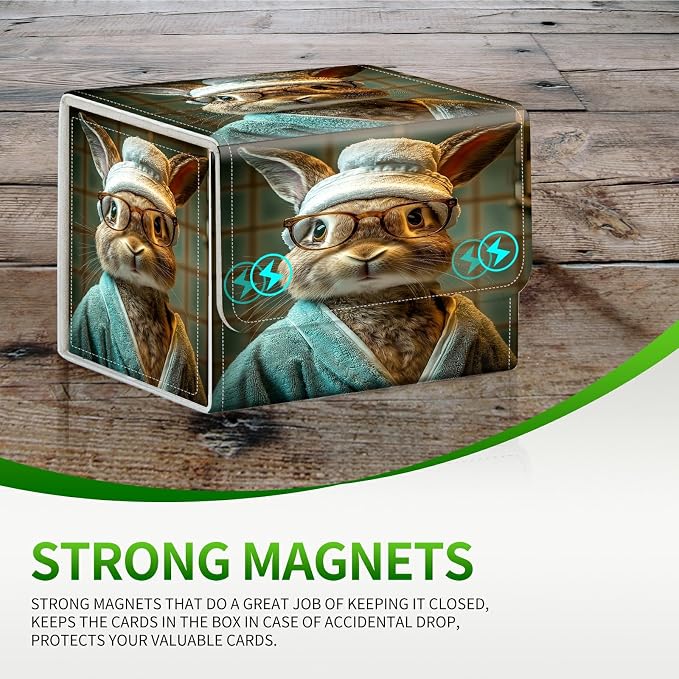 Card Deck Box for MTG, Cards Storage Box Fits 120+ Sleeved, Leather Small Size Strong Magnetic Closing Card Case for Board Games Magic TCG CCG Baseball Collection, Glasses Rabbit