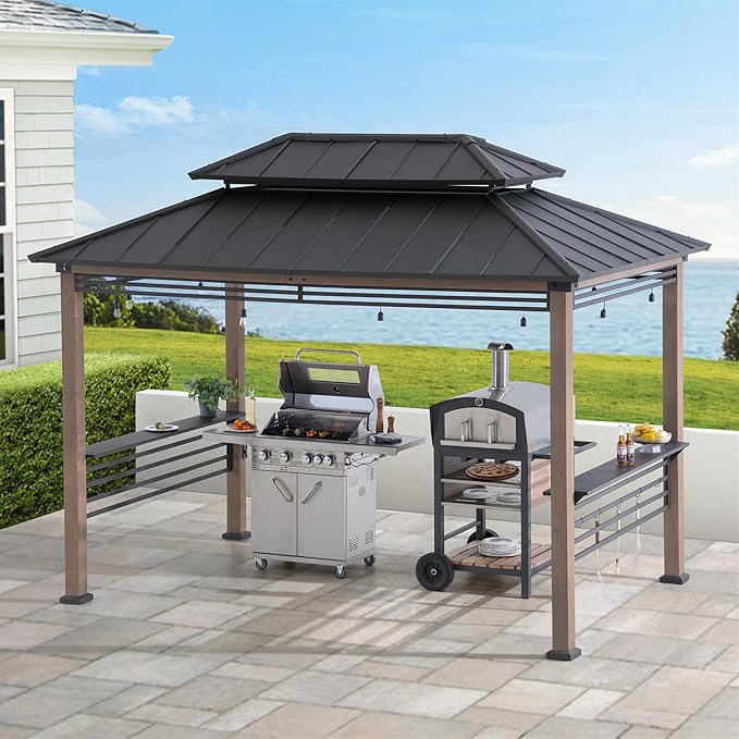 Sunjoy Wooden Grill Gazebo with AC Power Port, 8 x 12 ft. Steel Hardtop Outdoor Cedar Framed Gazebo for Year-Round Grilling, with Built-in Electrical Outlets and Decorative Fence, Brown
