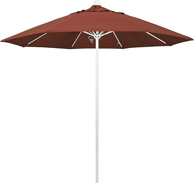 California Umbrella 9' Round Aluminum/Fiberglass Umbrella, Push Open, White Pole, Olefin Terracotta Fabric