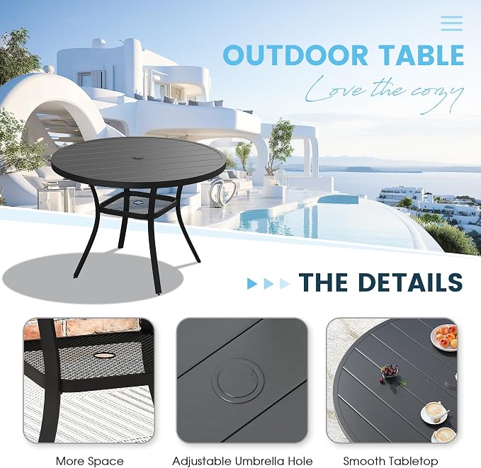 5 Pieces Outdoor Patio Dining Set, 40.6" All Weather Round Metal Table with Umbrella Hole and Storage Shelf, 4 High Back Textilene Swivel Chairs for Garden, Lawn, Black Table & Blue Chairs