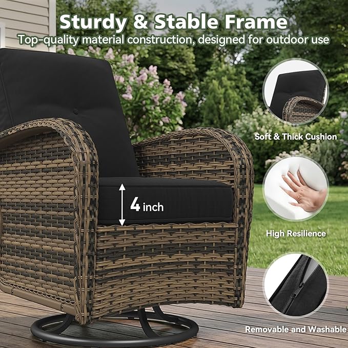 Aoxun 3 Piece Outdoor Patio Furniture Set with Side Table, Outdoor Patio Furniture Sets with High Back Swivel Rocker Chairs, Outdoor Sofa Set with Ottoman for Backyard & Garden, Black