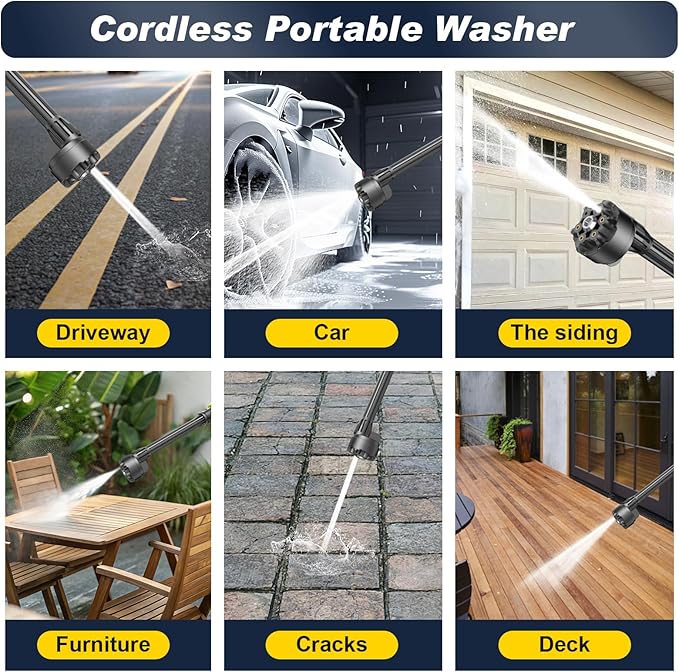 Cordless Portable Washer with Brushless Motor, 2x4000mAh Batteries & Fast Charger, 6-in-1 Nozzle, 16.5FT Hose, Extension Rod & Storage Case, Handheld Cleaning Tool for Car, Home, Patio & Garden