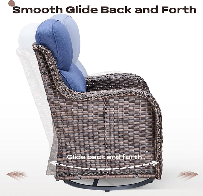 Rilyson Wicker Outdoor Patio Furniture Set - 7 Piece Patio Conversation Sets with Swivel Rocker Chairs, Ottomans and Sofa, 6 inch Cushions, Waterproof Wicker, for Porch Deck Brown/Blue