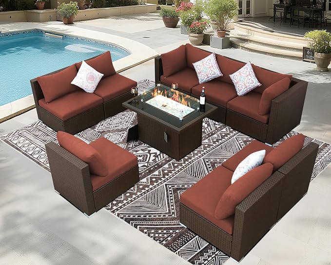 BULEXYARD 9 Piece High Back Outdoor Sectional Couch Set with Fire Pit, Luxury Weather-Resistant Patio Furniture Set, Comfy Extra Large 8-Person Backyard Seating Group L-Shape for Exterior, Brown & Red