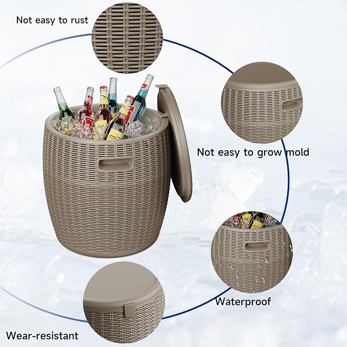 EasyUp 9.5 Gallon Outdoor Cooler Table, Wicker Round Ice Bucket for Parties, Rattan Bar Table with Top Lid Side Handles Drainage Plug, Beer Wine Cooler Side Tables for Patio, Poolside, Deck, Grey