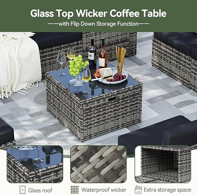 Aoxun 9 Piece Patio Furniture Set with 44” Fire Pit Table, Wicker Outdoor Furniture Set with Storage Box, Patio Sectional Set with Cushions and Waterproof Cover (Grey & Black)