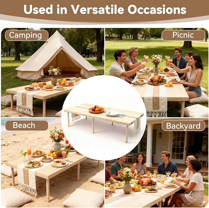 Portable Wooden Outdoor Low Picnic Table for Floor Seating, Beach, Camping, BBQ, Backyard, 60x30in