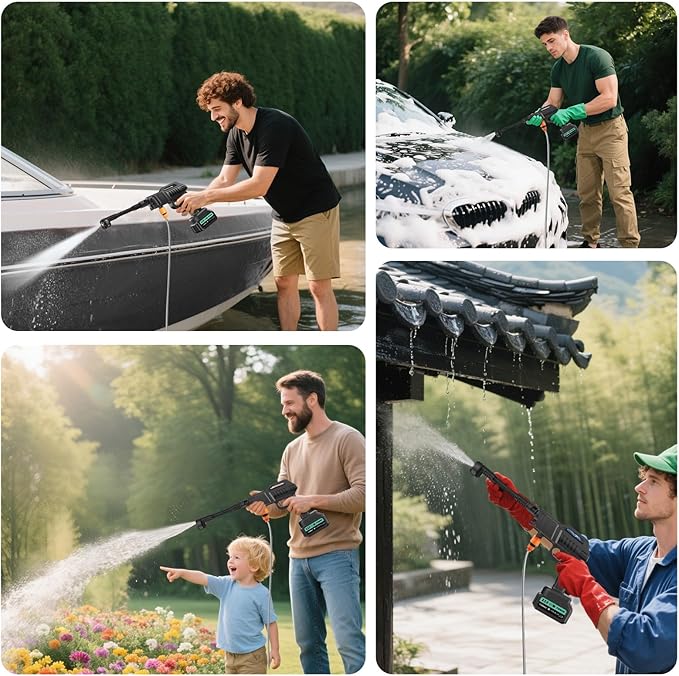 Cordless Portable Washer, 1450 PSI Portable Battery Power Washer, Cordless Portable Jet Washer with 6-in-1 Adjustable Nozzle, 2×3.0Ah Batteries, Charger, 5m Hose for Vehicle, Driveway Deck