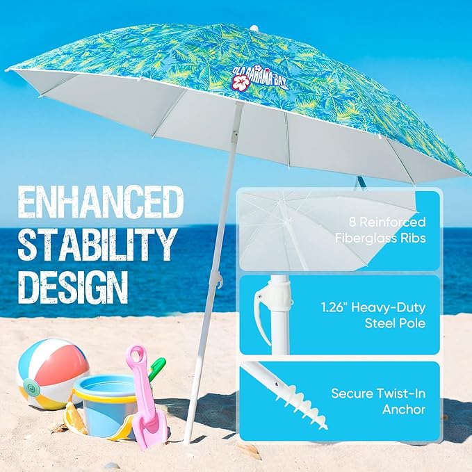 Old Bahama Bay 8ft Beach Umbrella with Screw Sand Anchor & Tilt Mechanism, UPF 50+ UV Protection, Windproof Heavy Duty Portable Sun Shelter with Carry Bag for Patio, Garden, Pool, Backyard, Palm Print