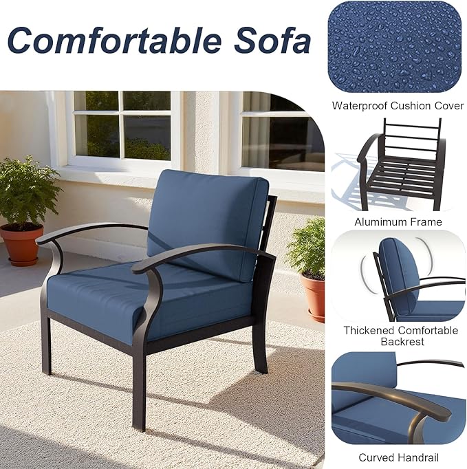 ALAULM Aluminum Patio Furniture Set with 2 Swivel Chairs 7-seat Metal Outdoor Furniture Patio Sectional Sofas Patio Conversation Set w/5.1" Cushions for Patio, Backyard, Poolside-DarkBlue