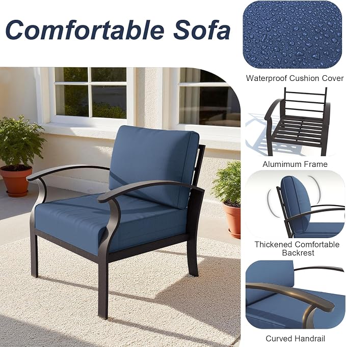 ALAULM Aluminum Patio Furniture Set with Propane Fire Pit Table 5-seat Metal Outdoor Furniture w/Fire Pit Sectional Sofas w/5.1" Cushions for Patio, Backyard, Poolside-DarkBlue